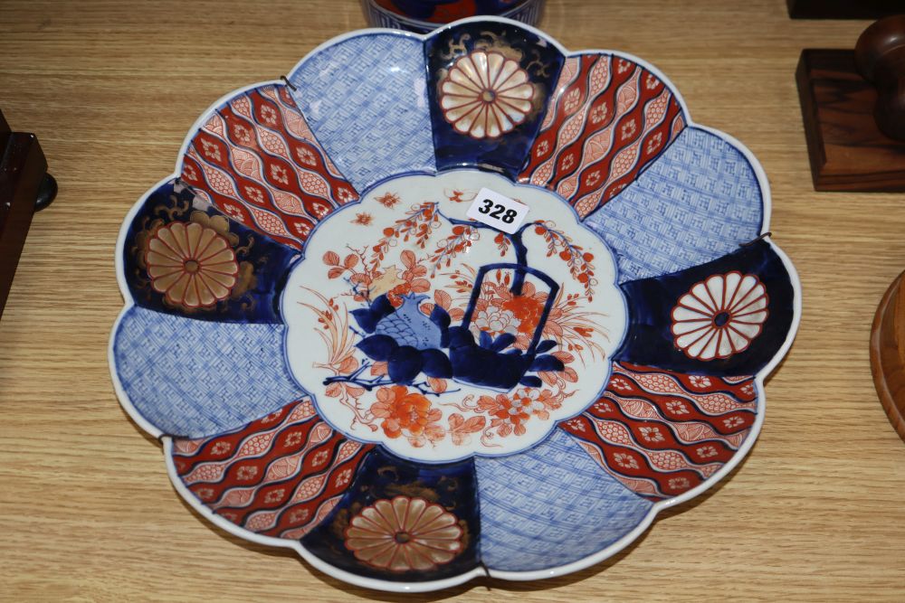 An Imari vase, height 41cm and a dish